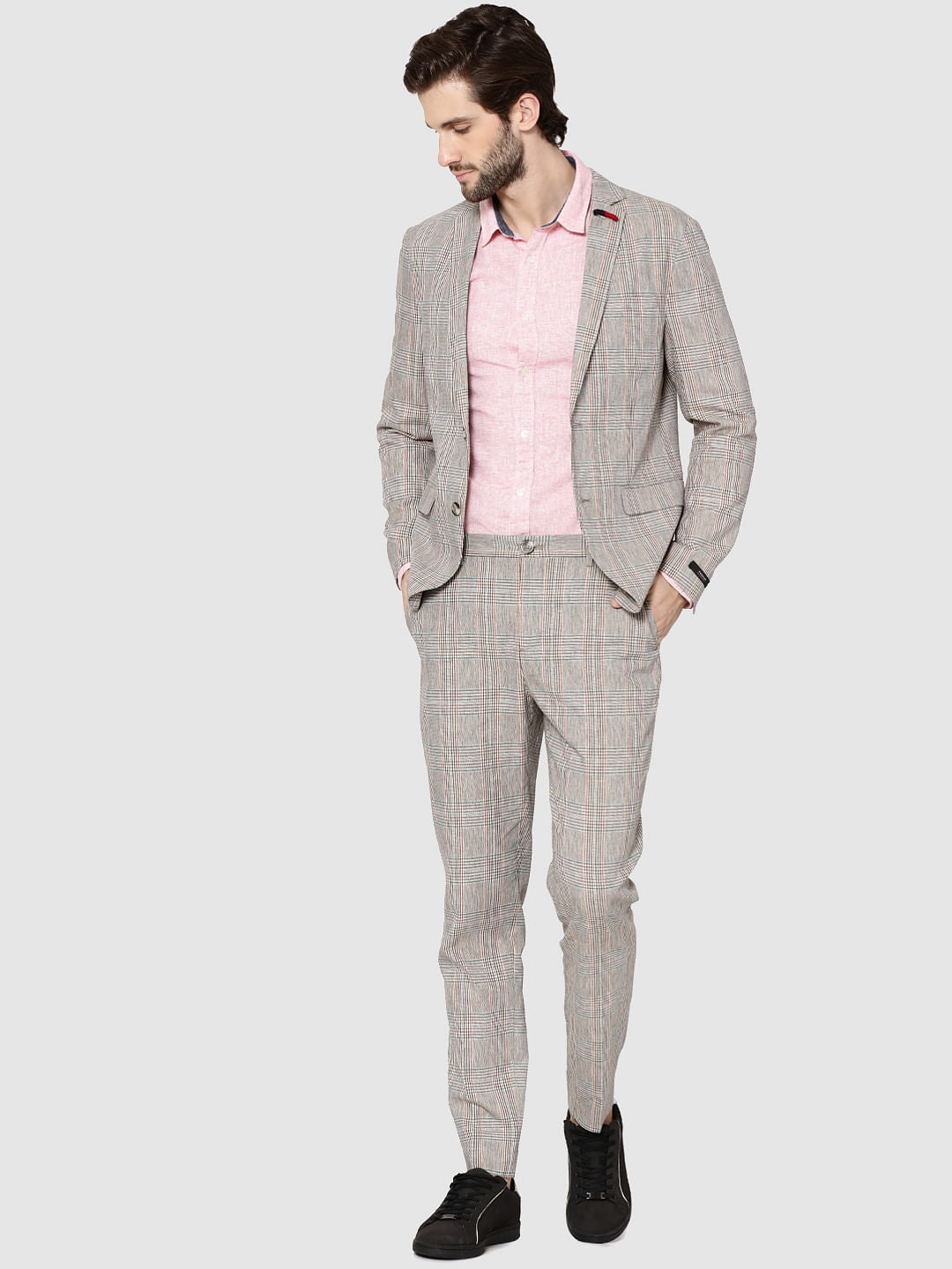 Beige Plaid Double Button Slim Fit Blazer