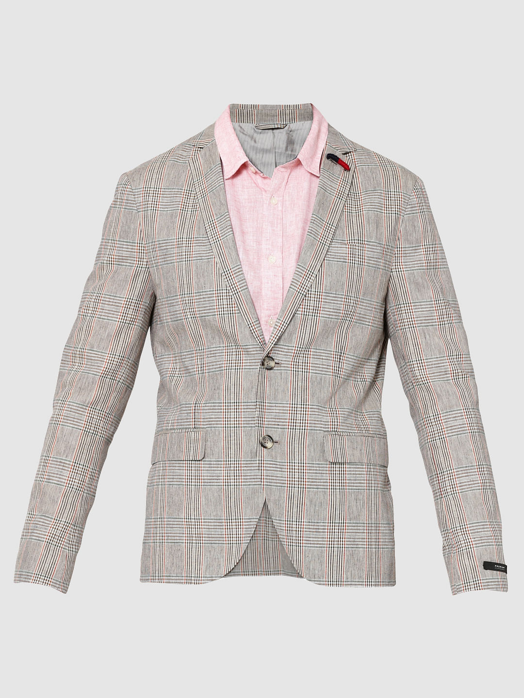 Beige Plaid Double Button Slim Fit Blazer