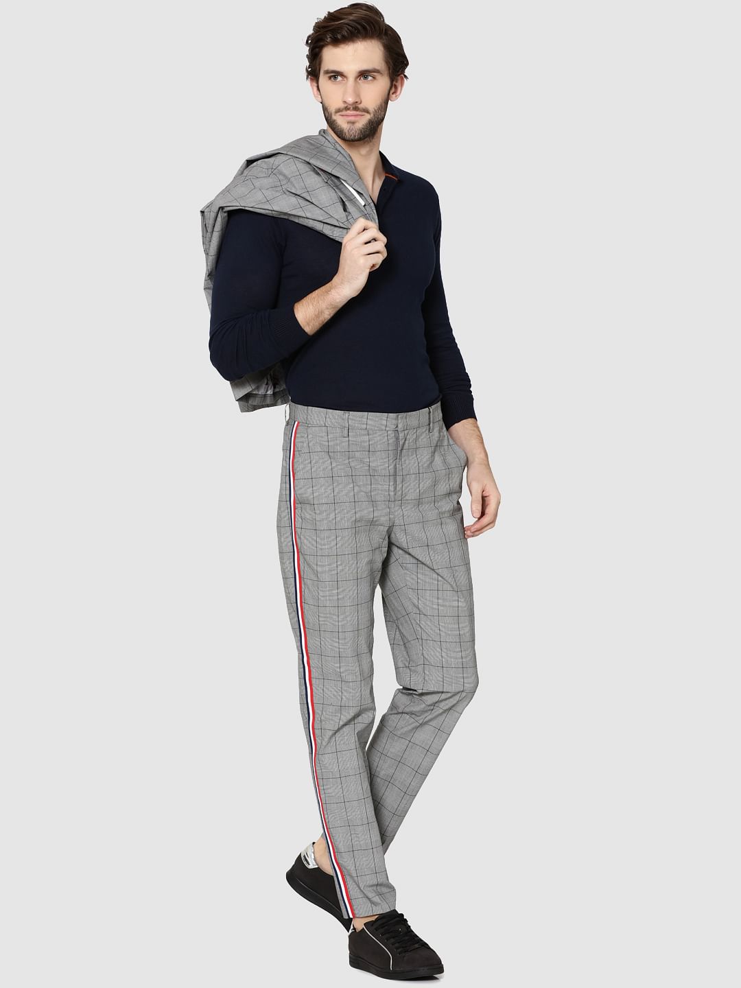 Grey Check Tape Detail Slim Fit Trousers