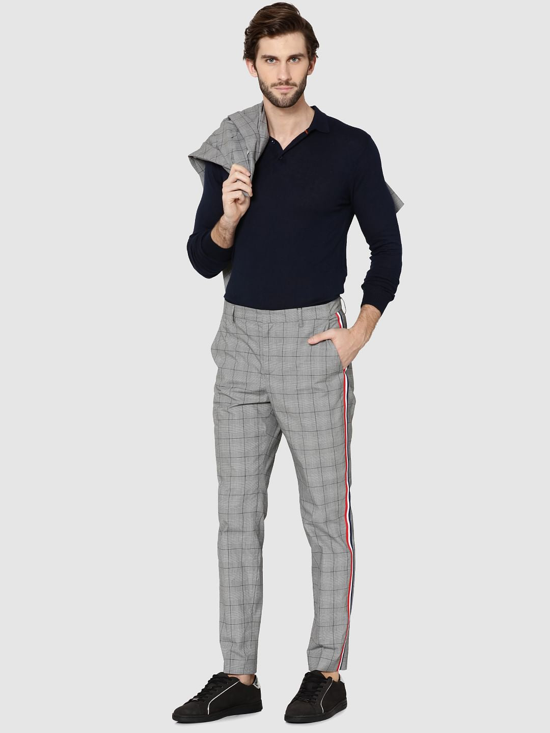Grey Check Tape Detail Slim Fit Trousers