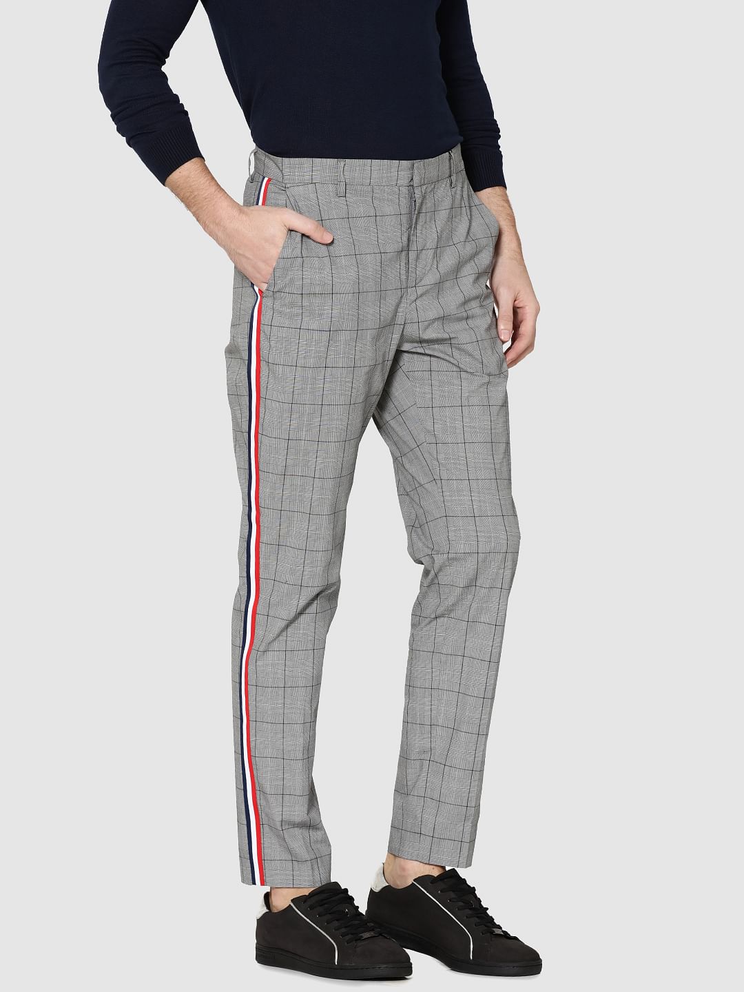 Grey Check Tape Detail Slim Fit Trousers