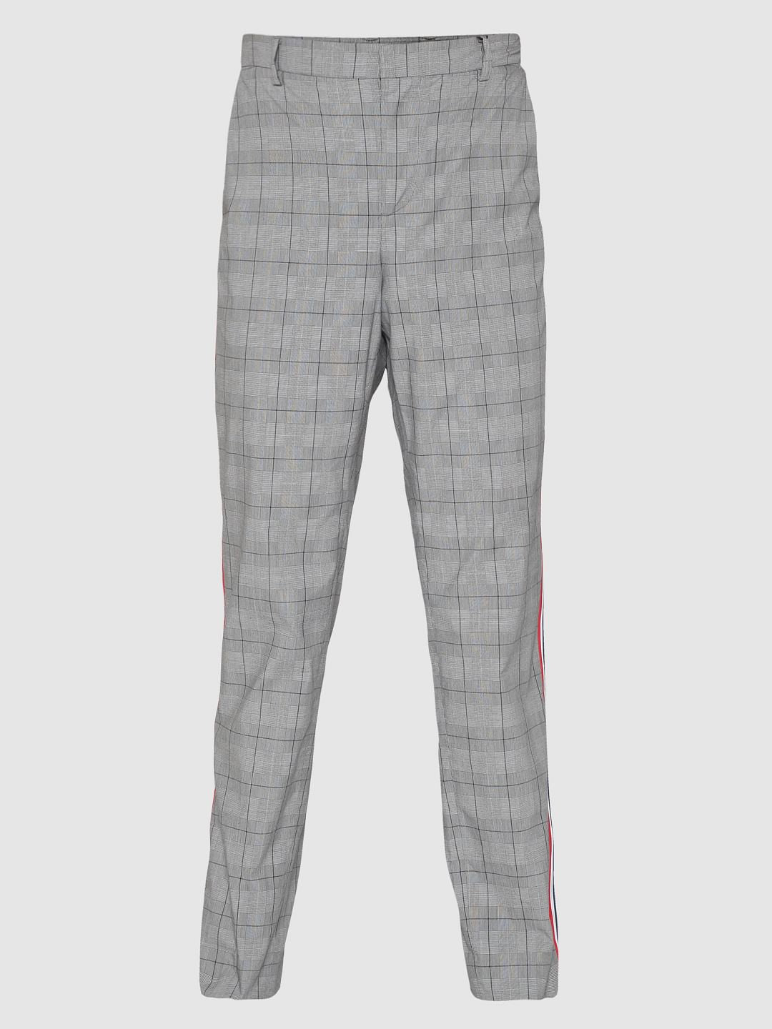 Grey Check Tape Detail Slim Fit Trousers