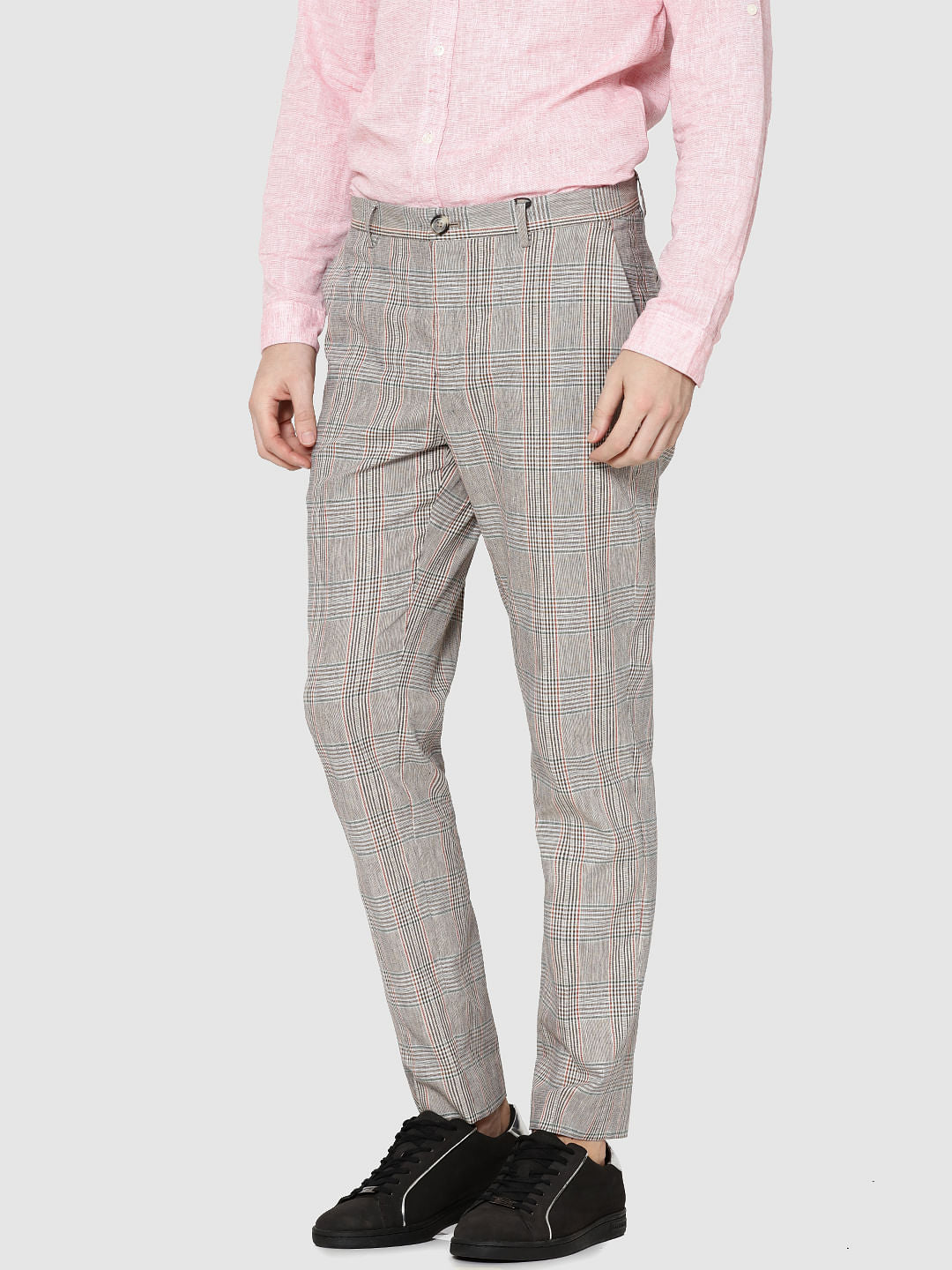 Beige Plaid Slim Fit Trousers