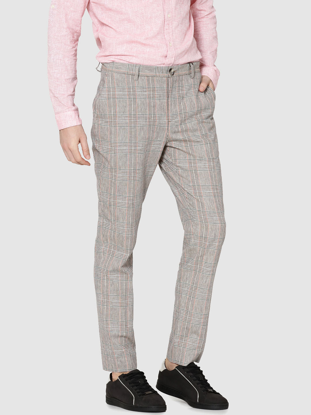 Beige Plaid Slim Fit Trousers