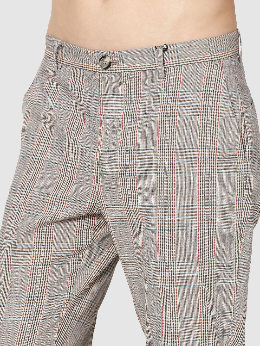 Beige Plaid Slim Fit Trousers