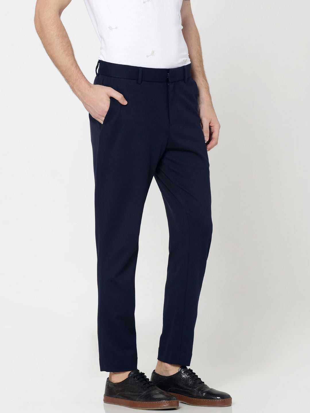 Dark Blue Slim Fit Cropped Trousers