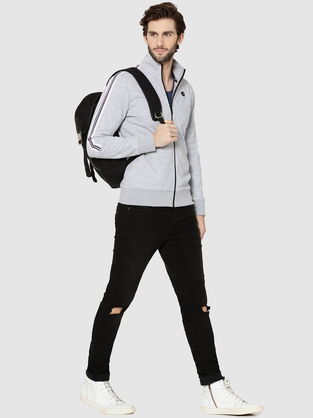 Light Grey Tape Detail Zip Up Sweatshirt