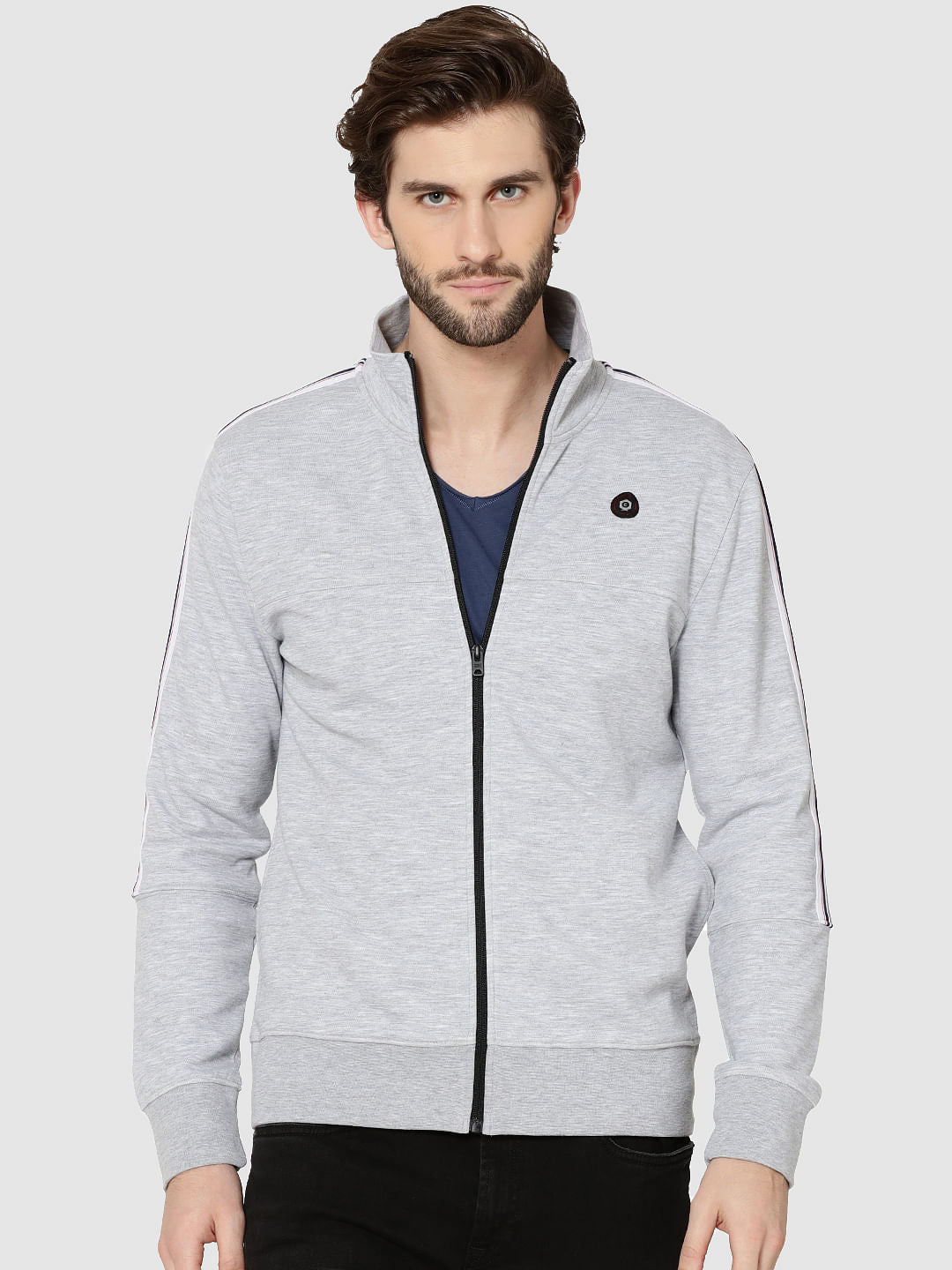Light Grey Tape Detail Zip Up Sweatshirt