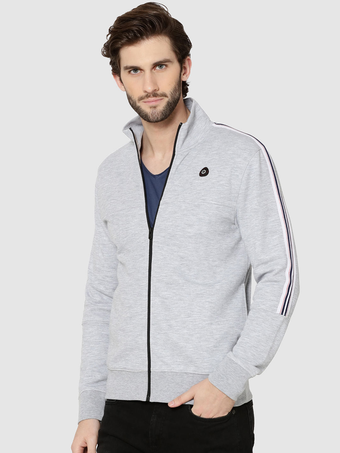 Light Grey Tape Detail Zip Up Sweatshirt