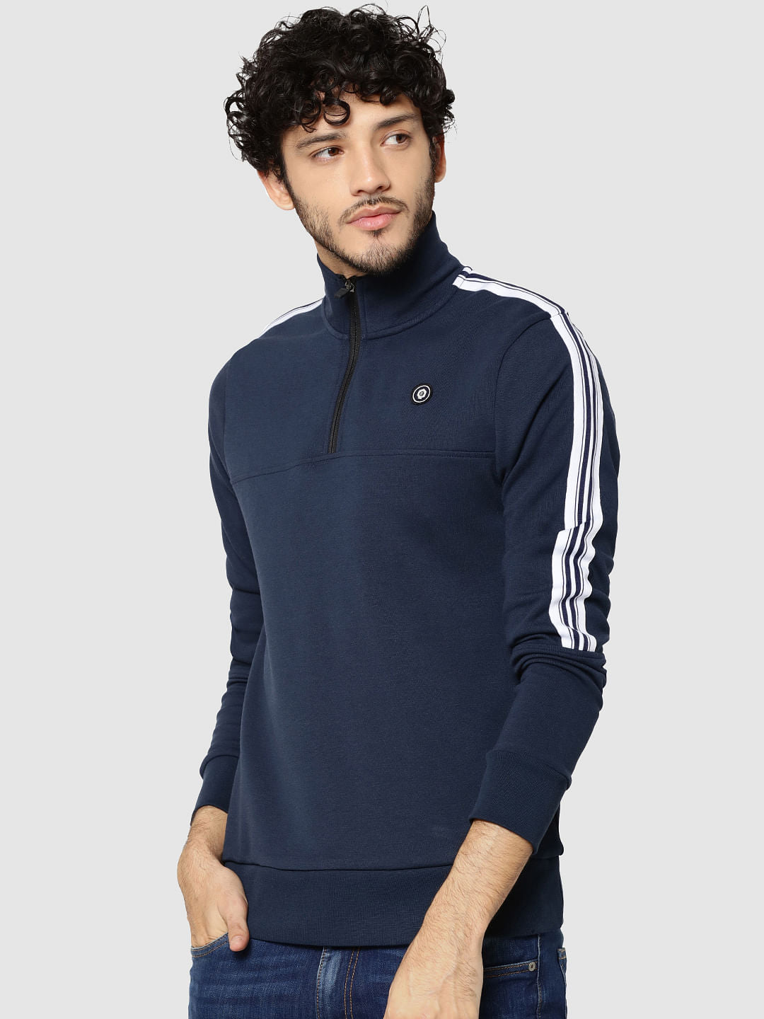 Blue Tape Detail Zip Up Turtle Neck Sweatshirt