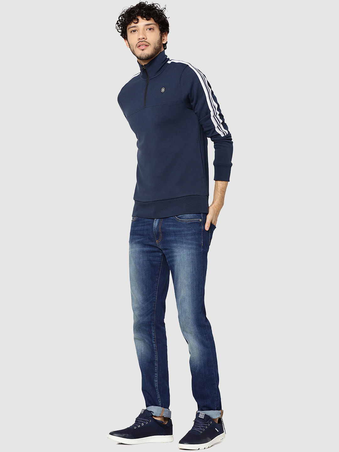 Blue Tape Detail Zip Up Turtle Neck Sweatshirt