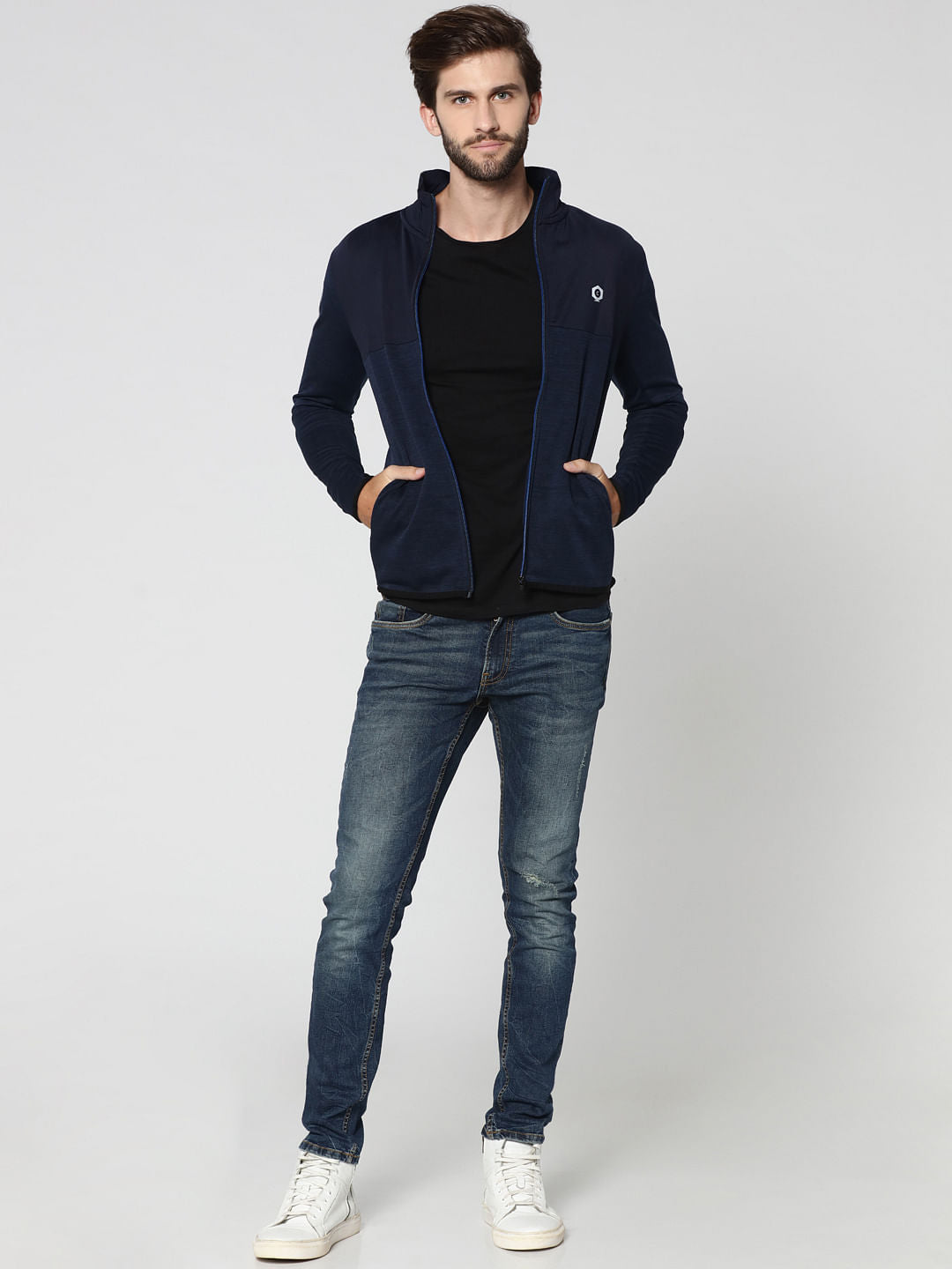 Dark Blue Cut Out Print Hooded Jacket