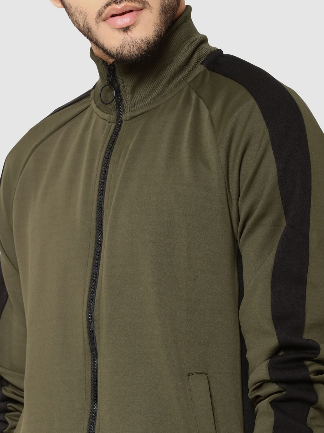 Olive Green Striped Raglan Sleeves Sweatshirt