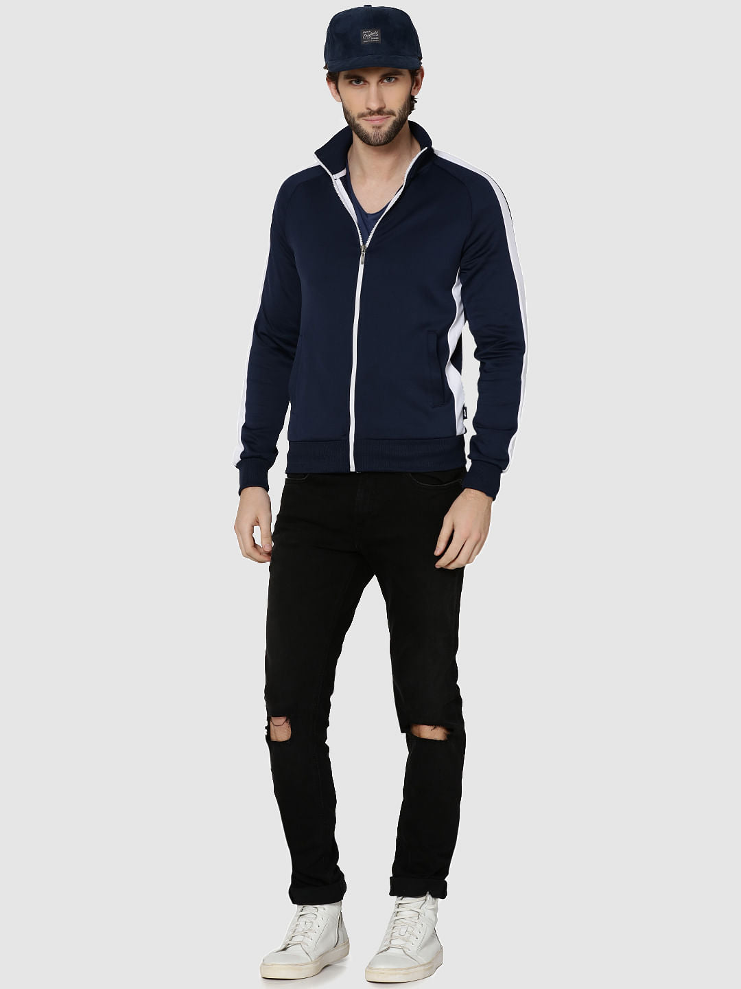 Dark Blue Striped Raglan Sleeves Sweatshirt