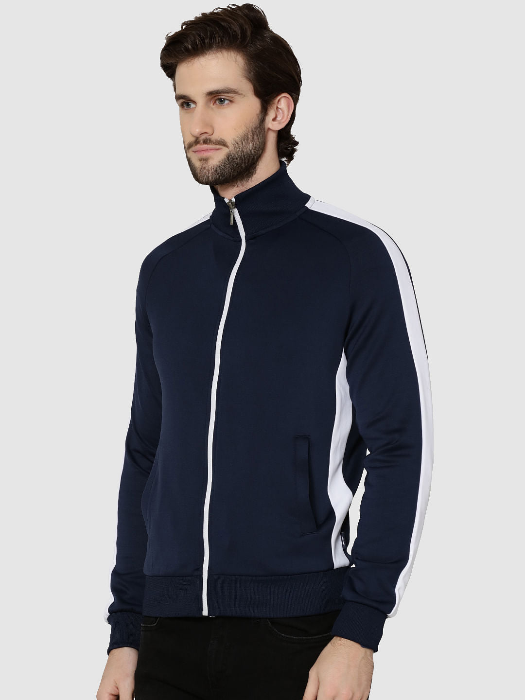 Dark Blue Striped Raglan Sleeves Sweatshirt