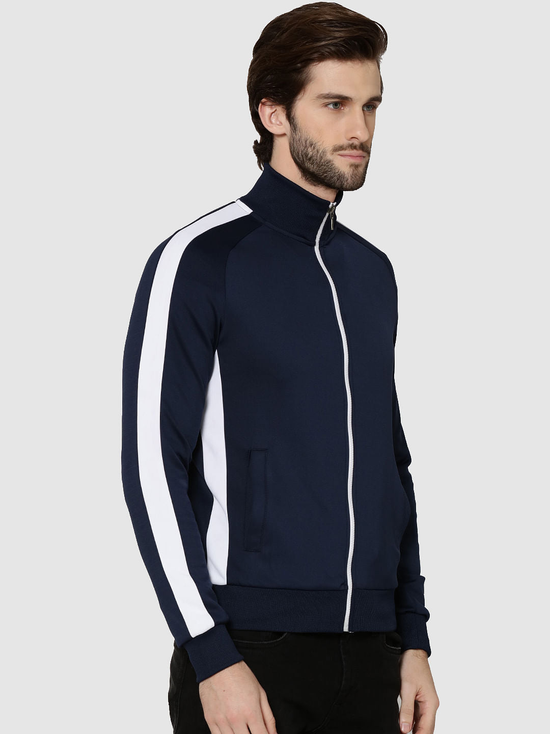 Dark Blue Striped Raglan Sleeves Sweatshirt