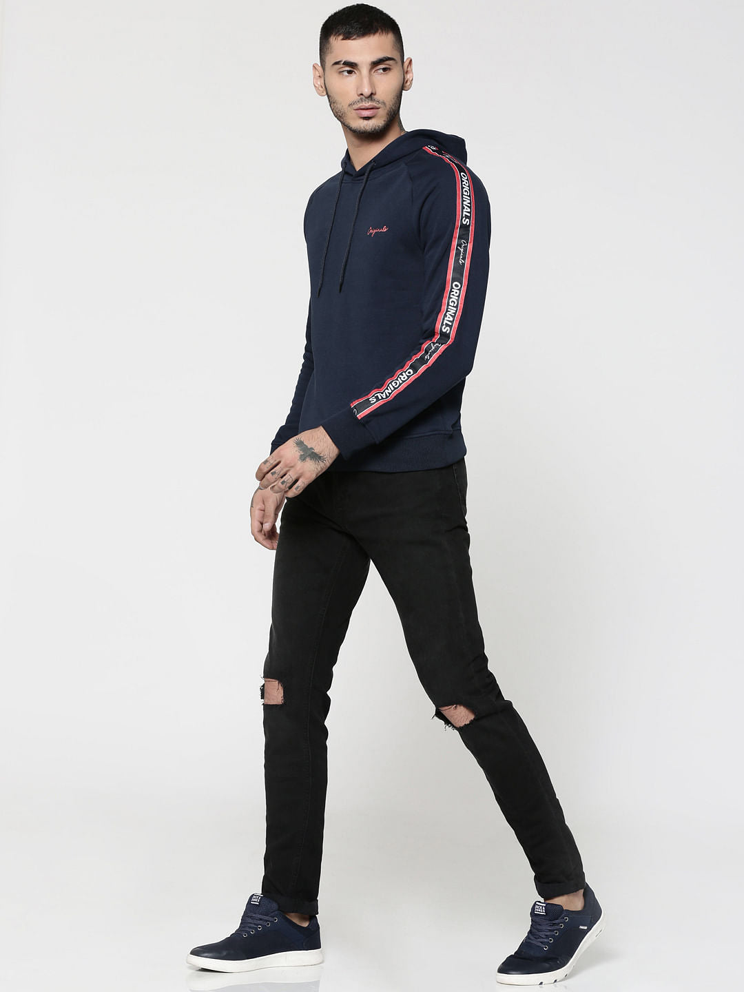 Dark Blue Tape Detail & Text Print Hooded Sweatshirt