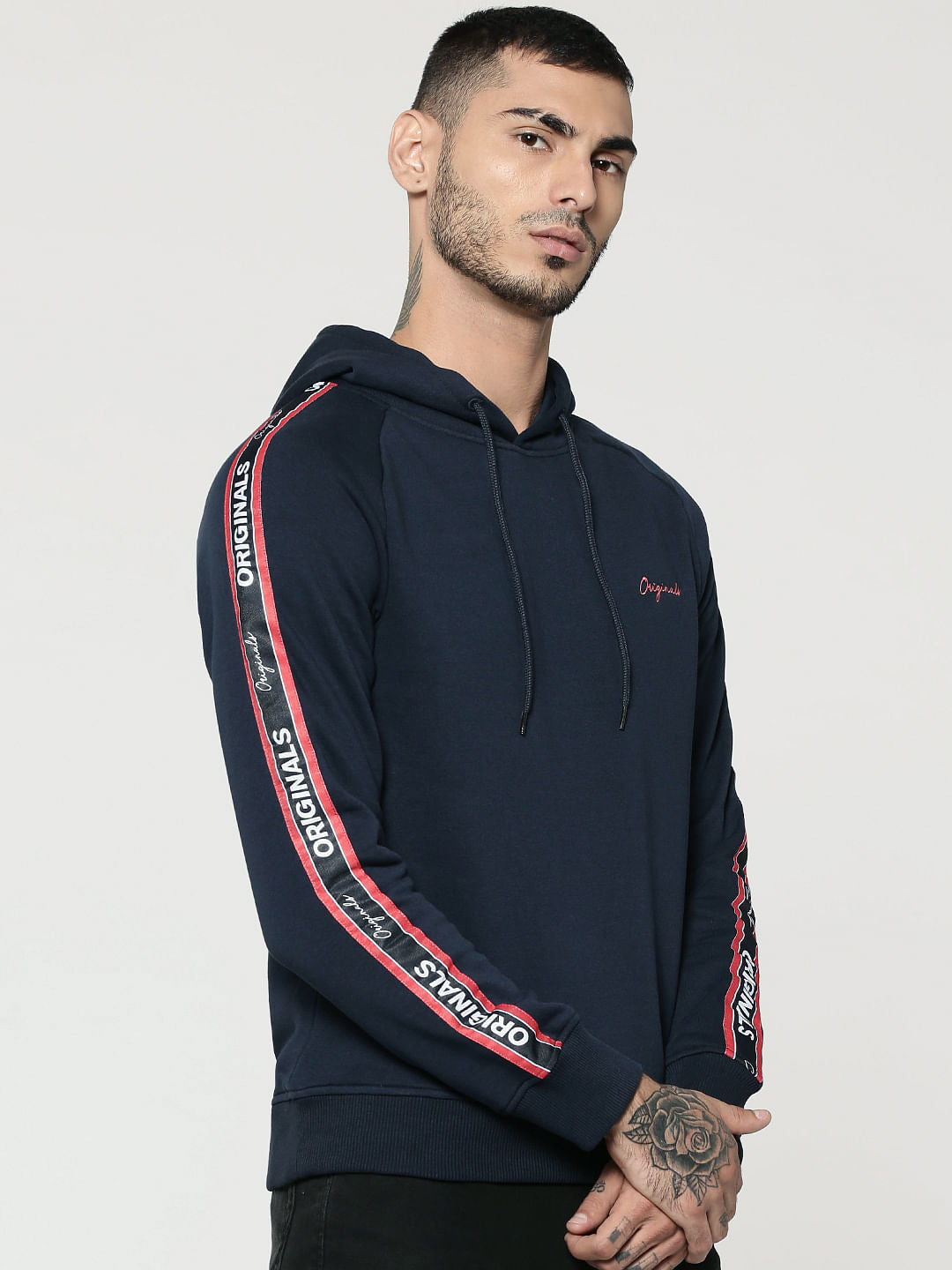 Dark Blue Tape Detail & Text Print Hooded Sweatshirt