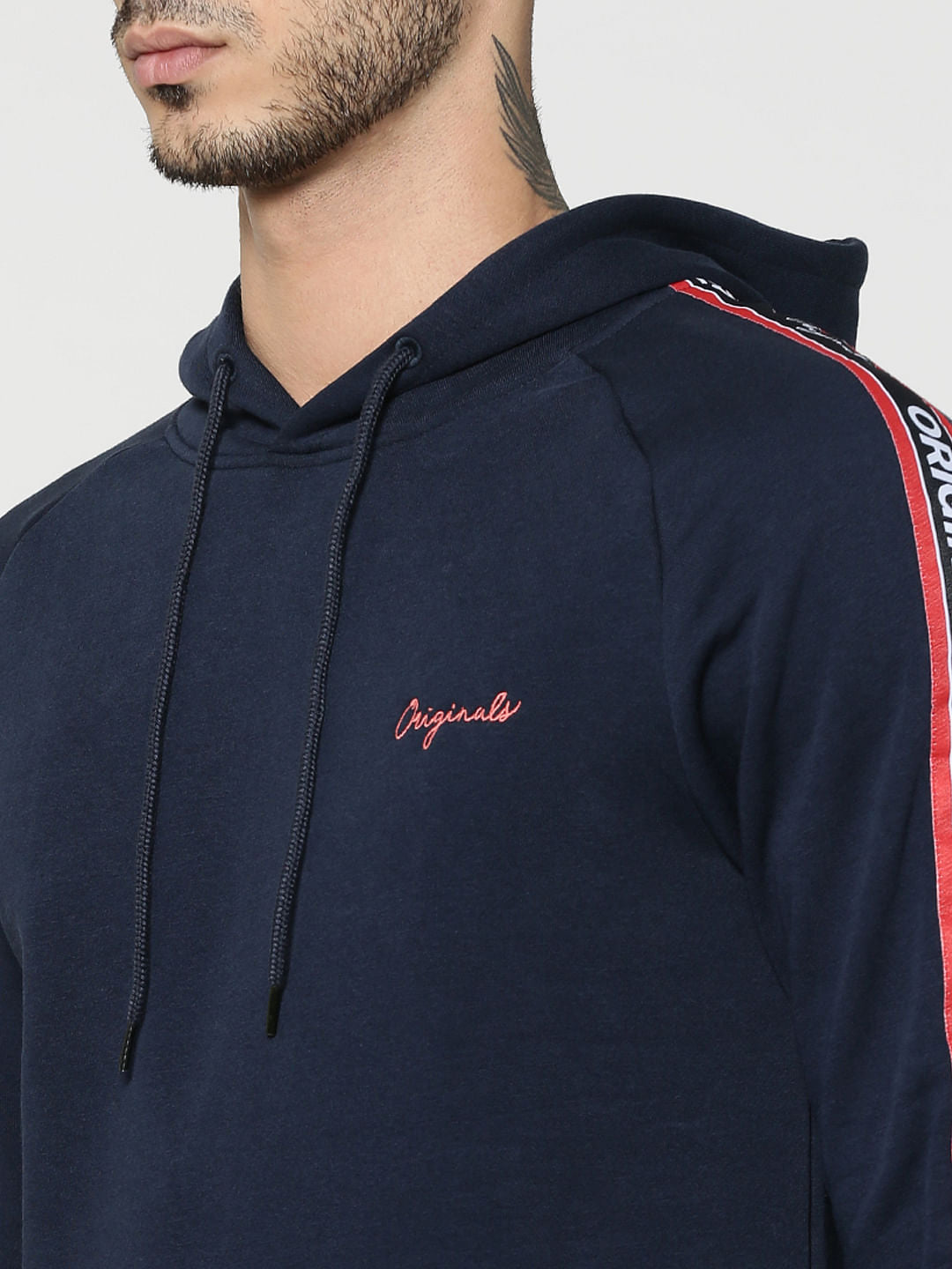 Dark Blue Tape Detail & Text Print Hooded Sweatshirt