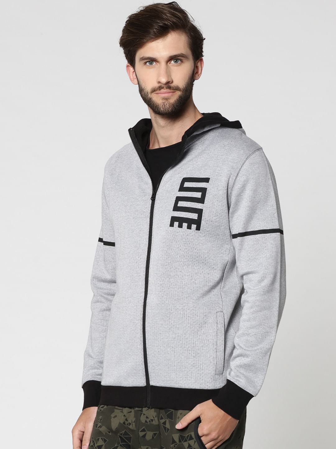 Grey And Black Text Print Hooded Jacket