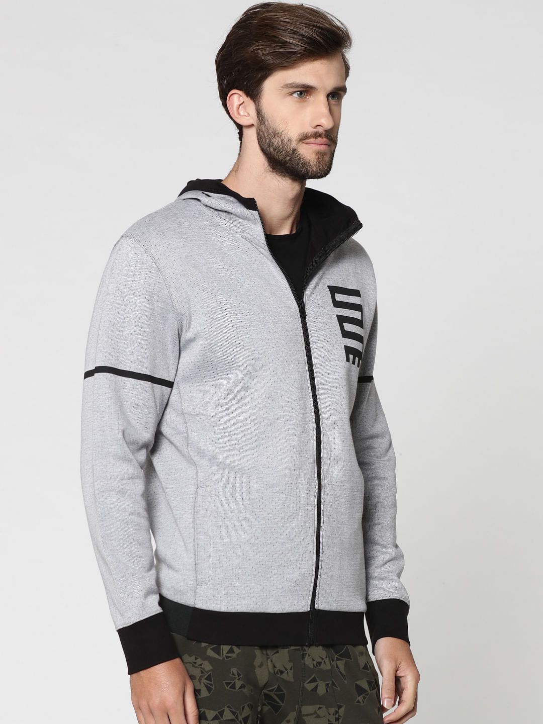 Grey And Black Text Print Hooded Jacket