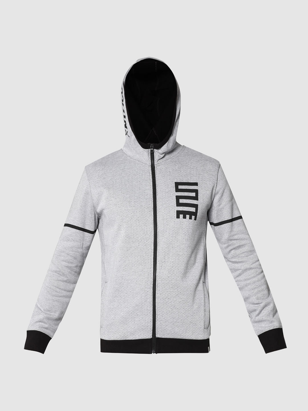 Grey And Black Text Print Hooded Jacket