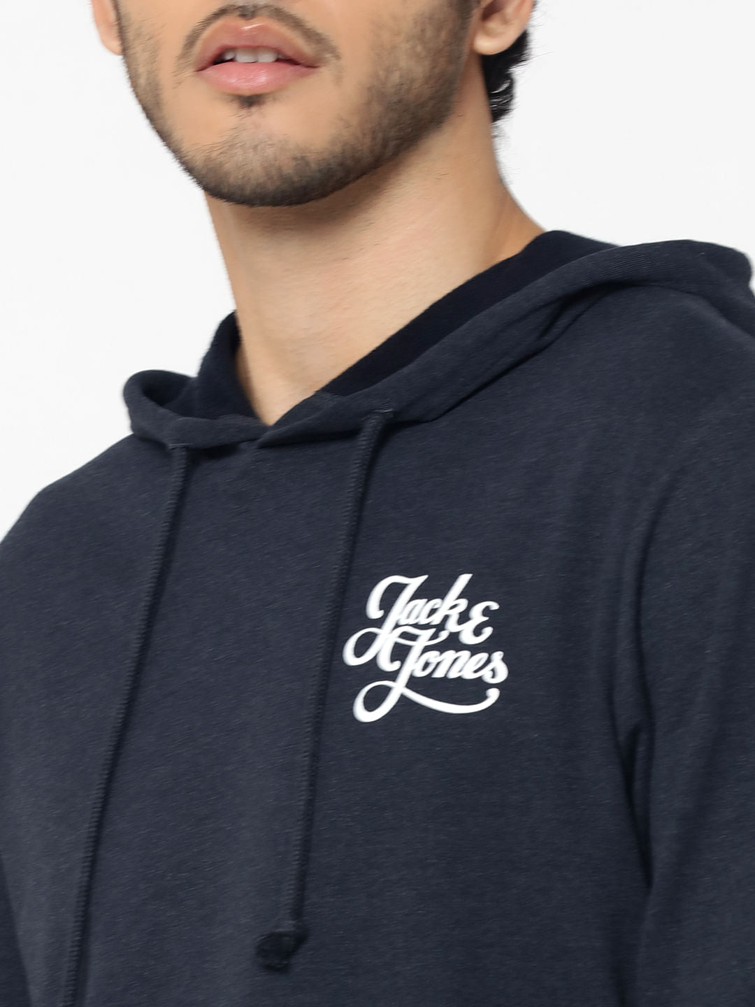 Dark Blue Logo Print Slim Fit Hooded Sweatshirt