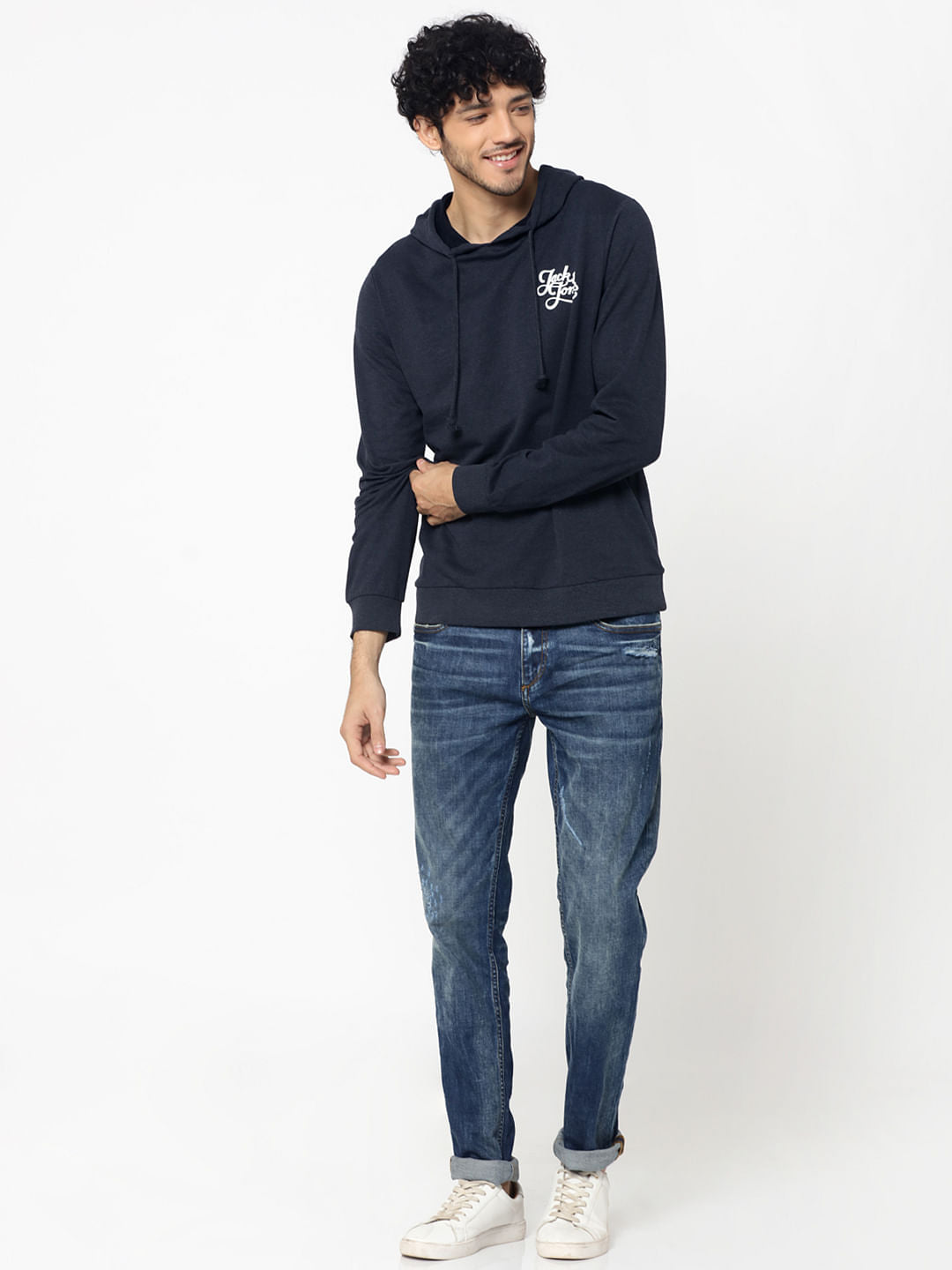 Dark Blue Logo Print Slim Fit Hooded Sweatshirt