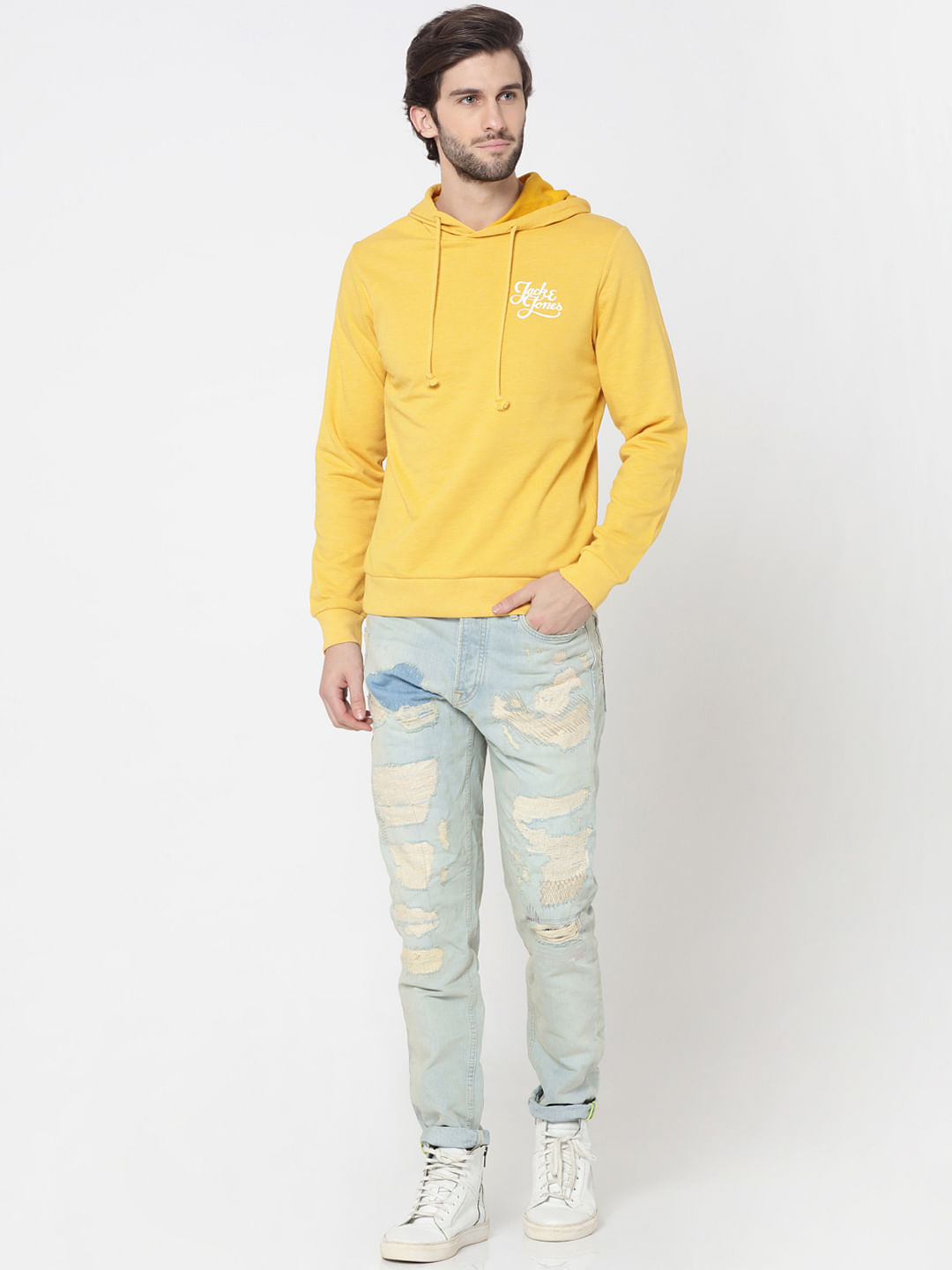 Yellow Logo Print Slim Fit Hooded Sweatshirt