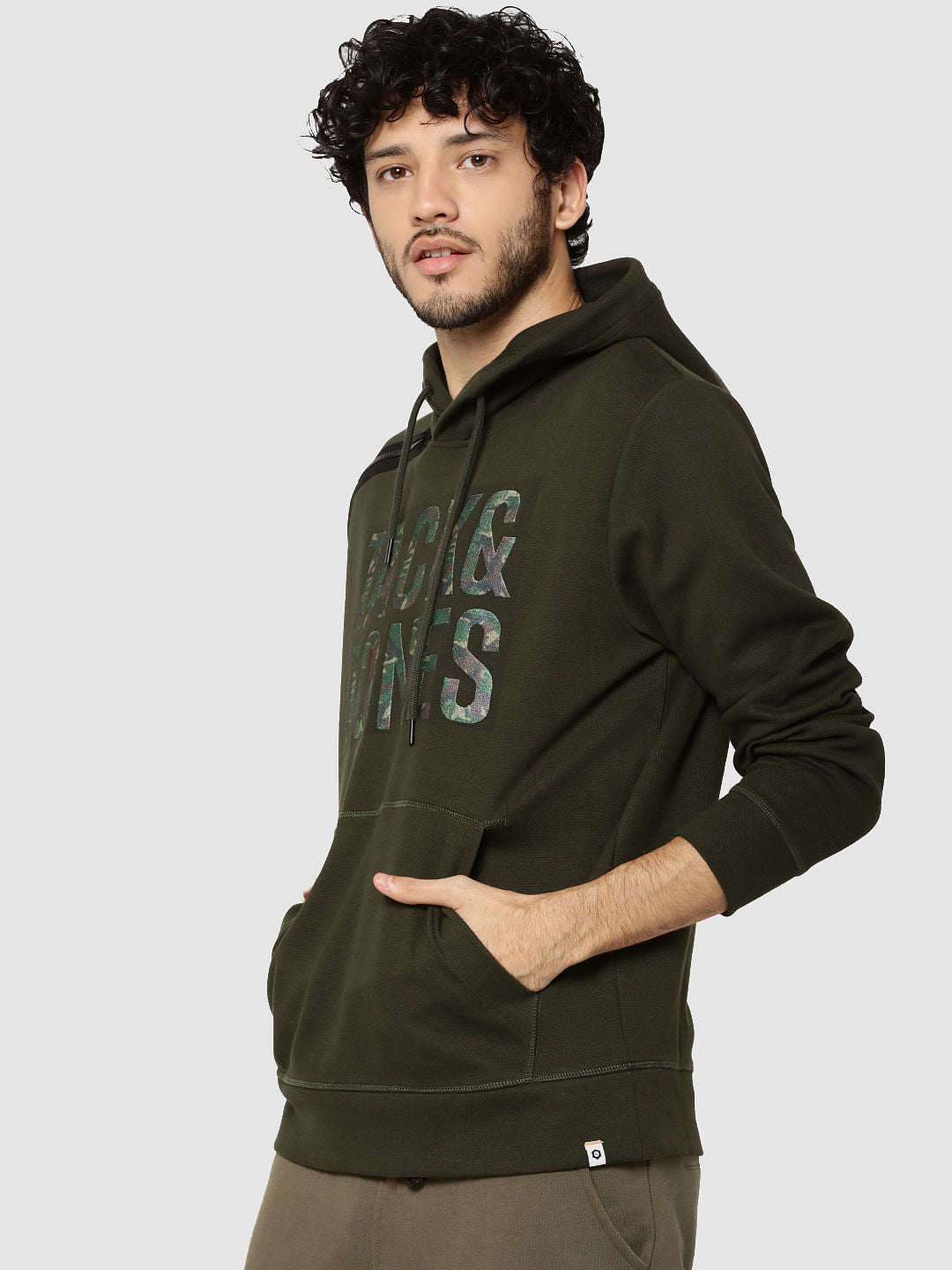 Olive Green Logo Print Hooded Sweatshirt
