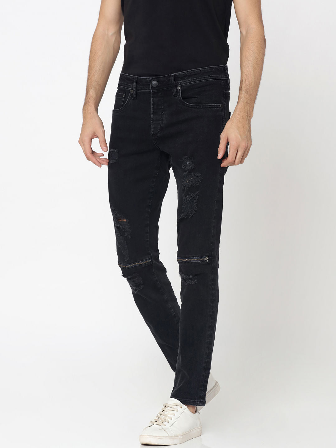 Black Heavy Distressed Zip Detail Glenn Slim Fit Jeans