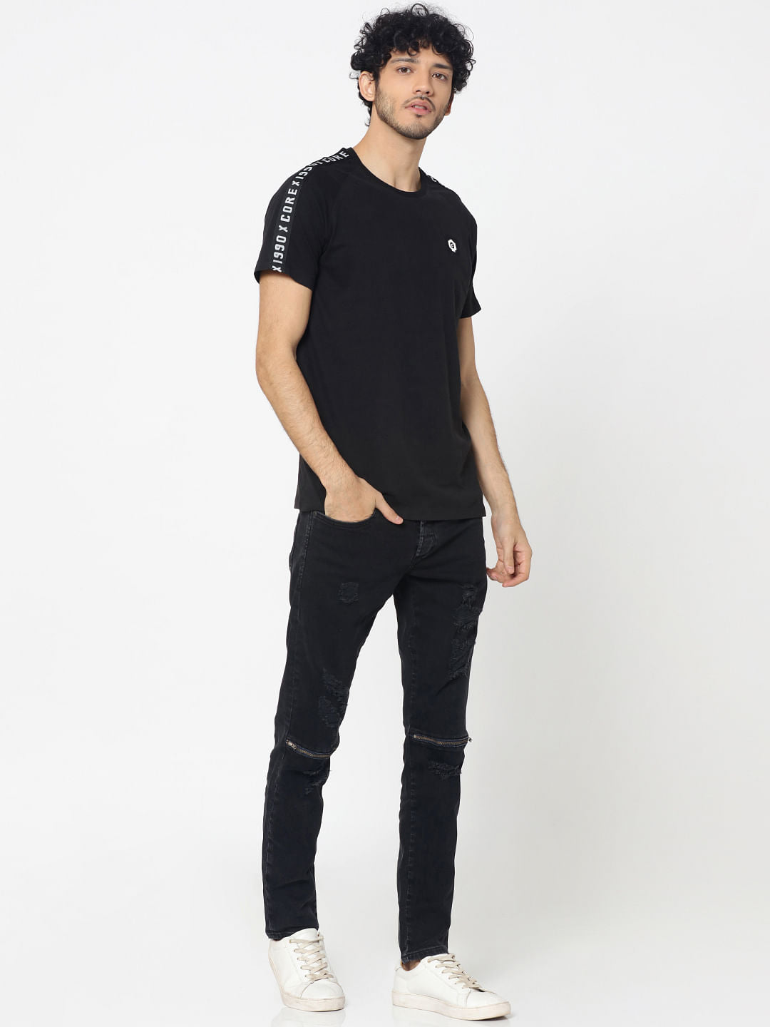 Black Heavy Distressed Zip Detail Glenn Slim Fit Jeans