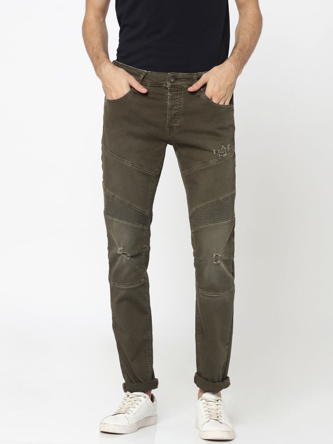 Olive Green Ripped Glenn Slim Fit Jeans