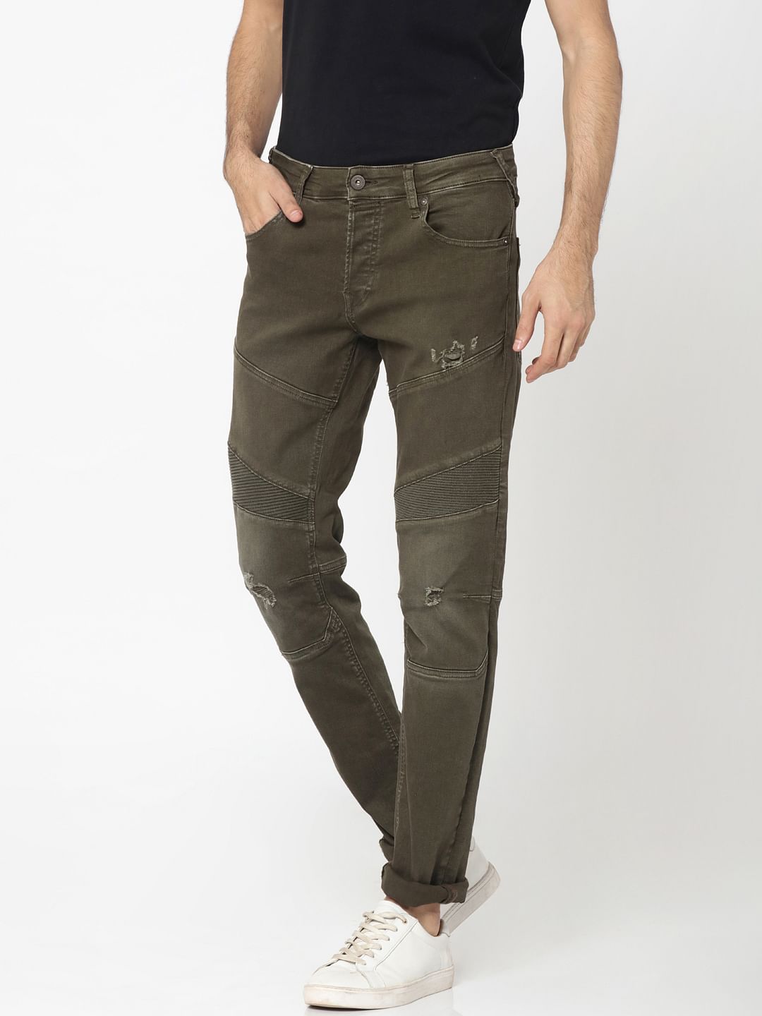 Olive Green Ripped Glenn Slim Fit Jeans