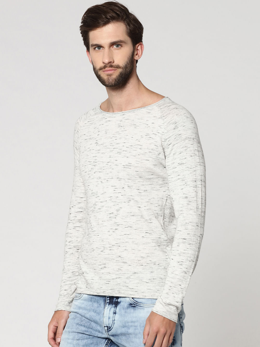 White Textured Round Neck Sweatshirt