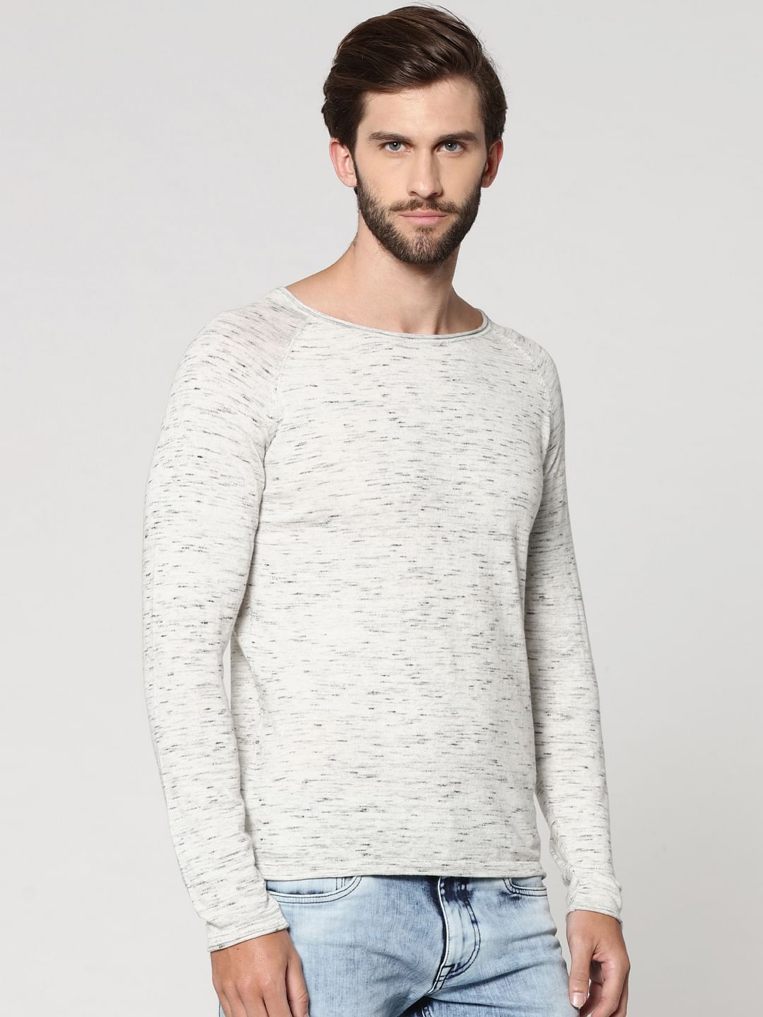 White Textured Round Neck Sweatshirt