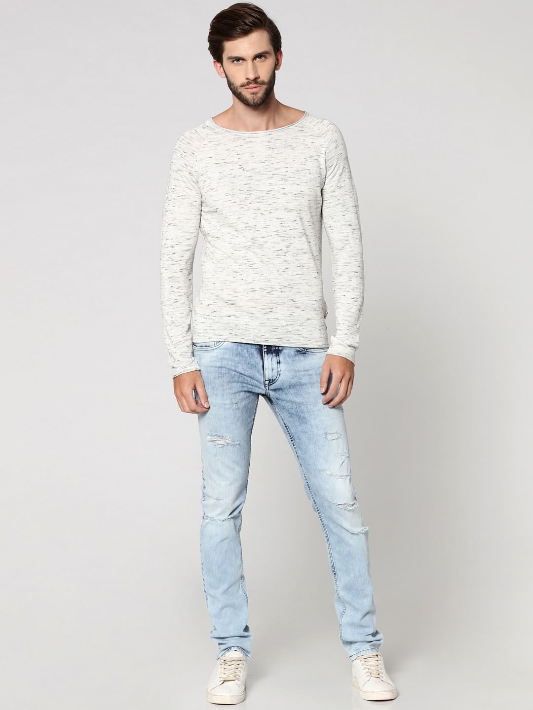 White Textured Round Neck Sweatshirt