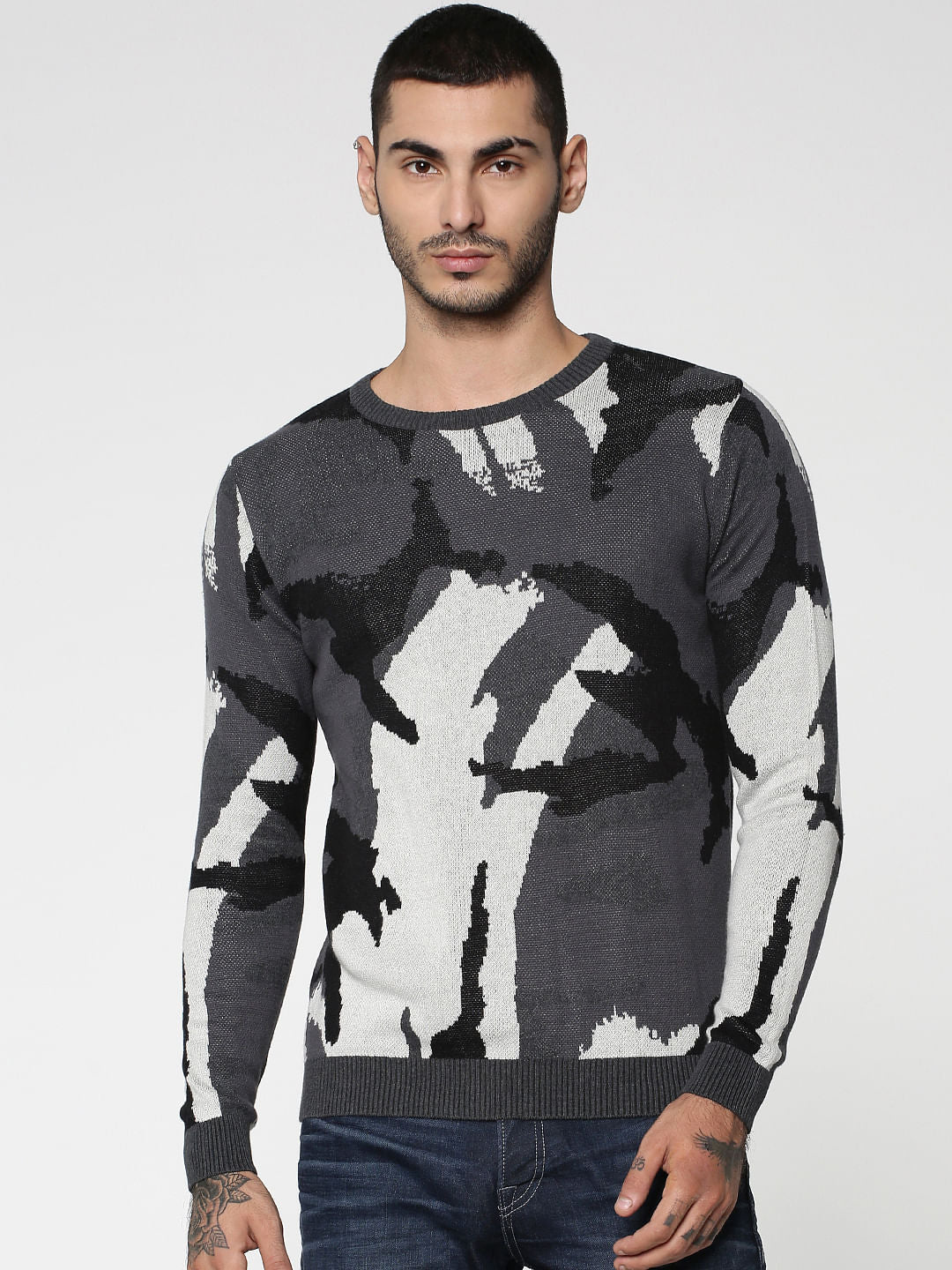 Grey Camo Print Jacquard Pullover