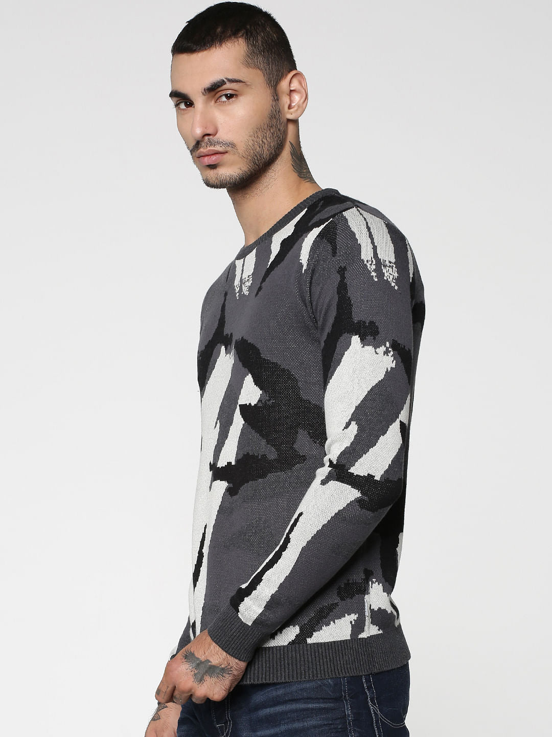 Grey Camo Print Jacquard Pullover