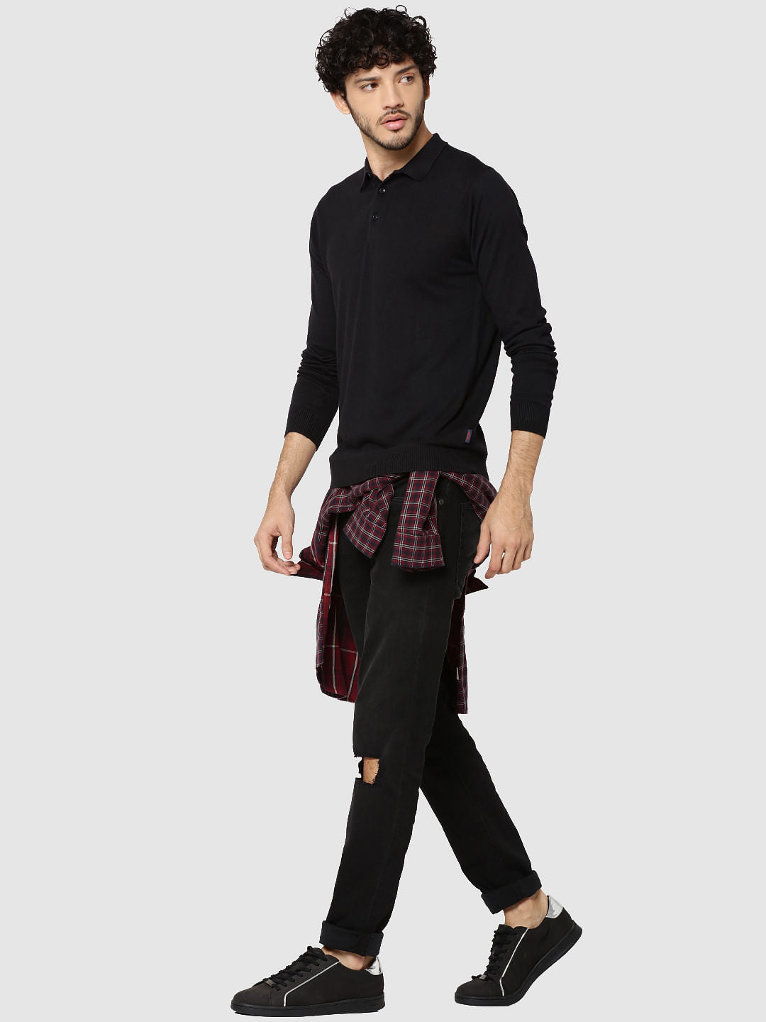 Black Full Sleeves Knit Polo T-Shirt