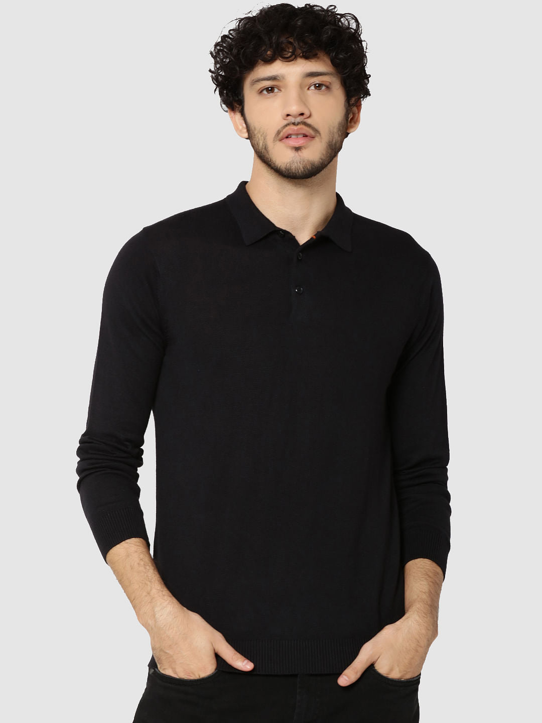 Black Full Sleeves Knit Polo T-Shirt
