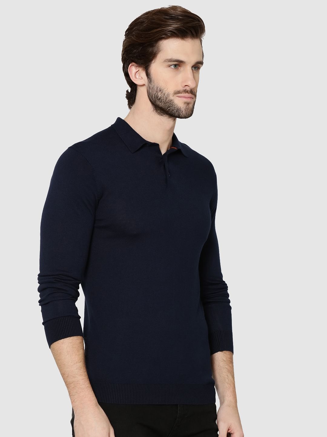 Dark Blue Full Sleeves Knit Polo T-Shirt