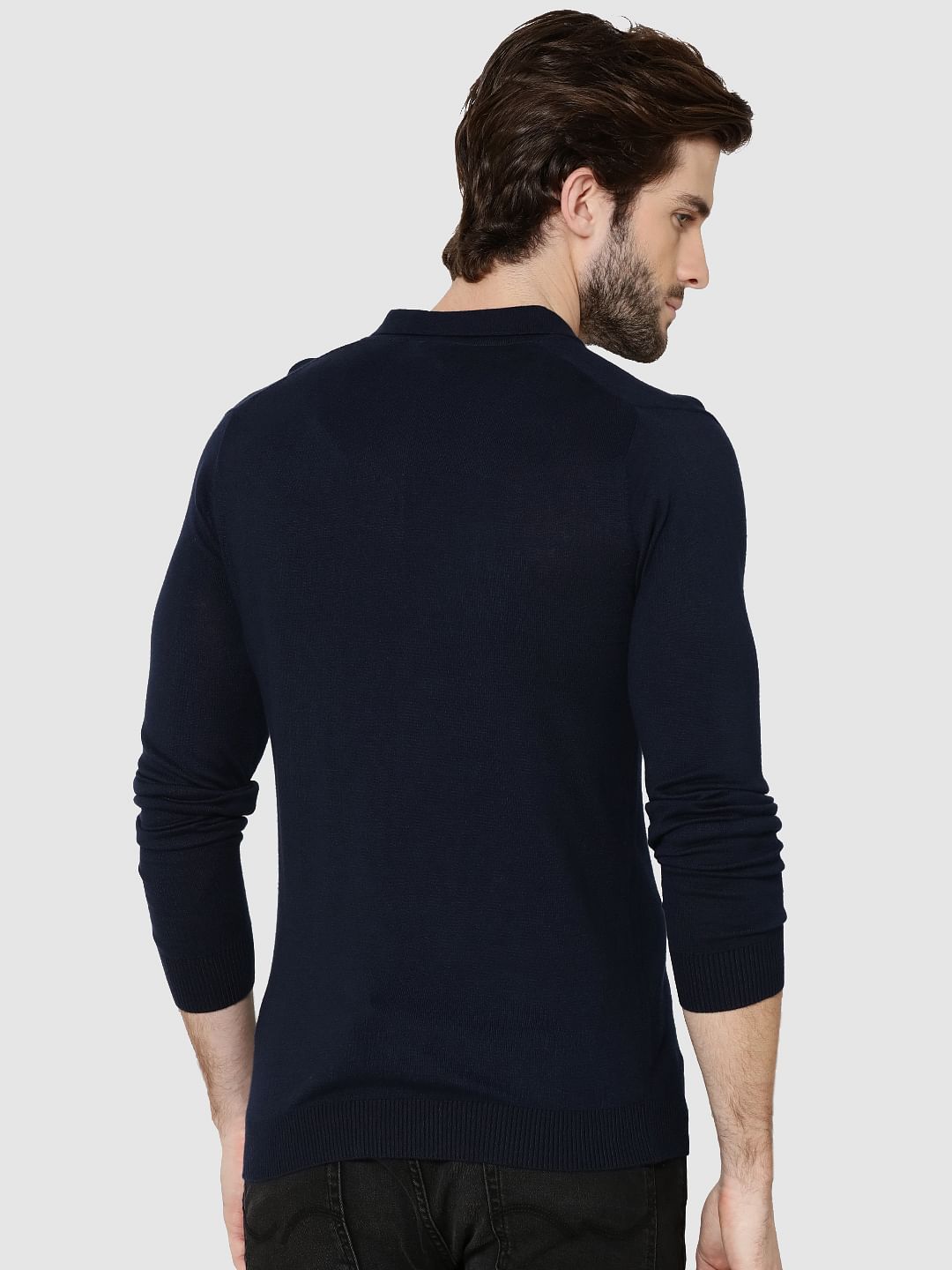 Dark Blue Full Sleeves Knit Polo T-Shirt
