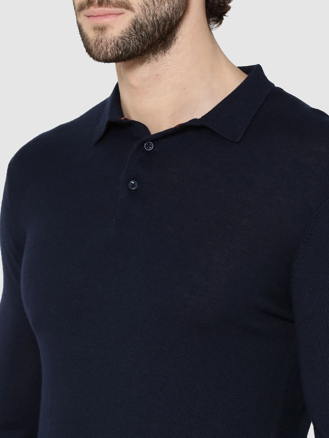Dark Blue Full Sleeves Knit Polo T-Shirt