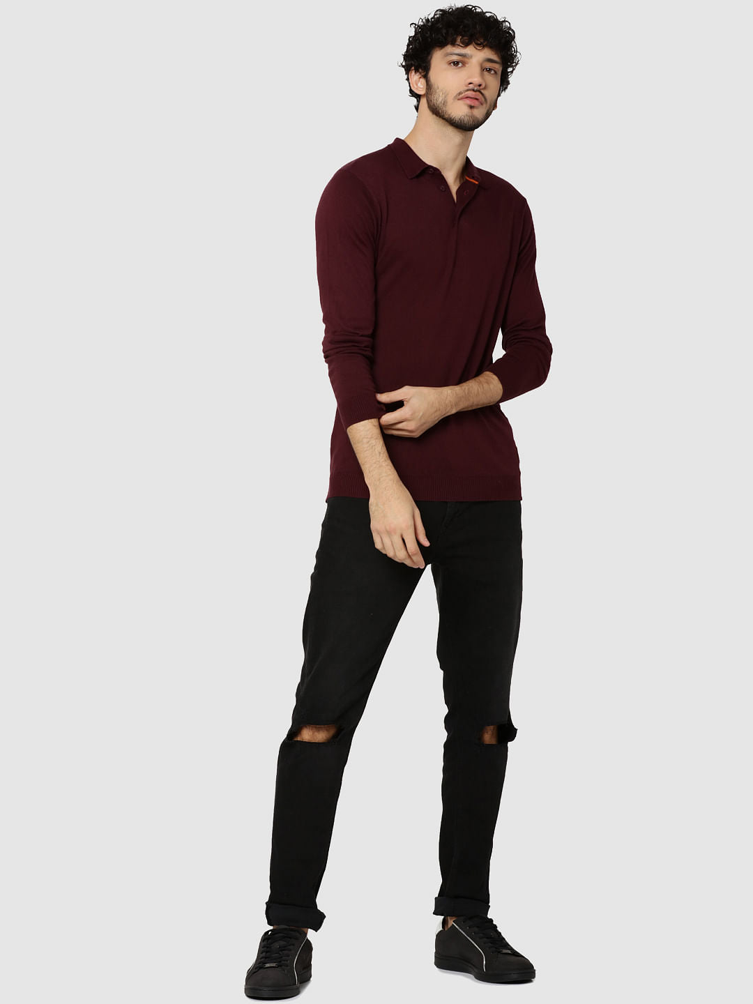 Maroon Full Sleeves Knit Polo T-Shirt