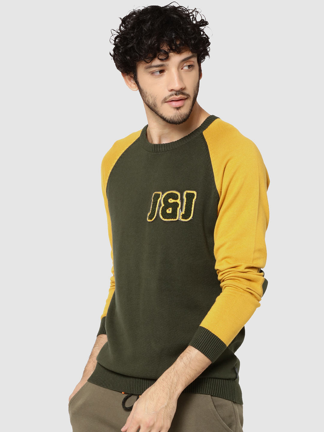 Green Colour Blocked Patch Elbows Full Sleeves Crew Neck T-Shirt