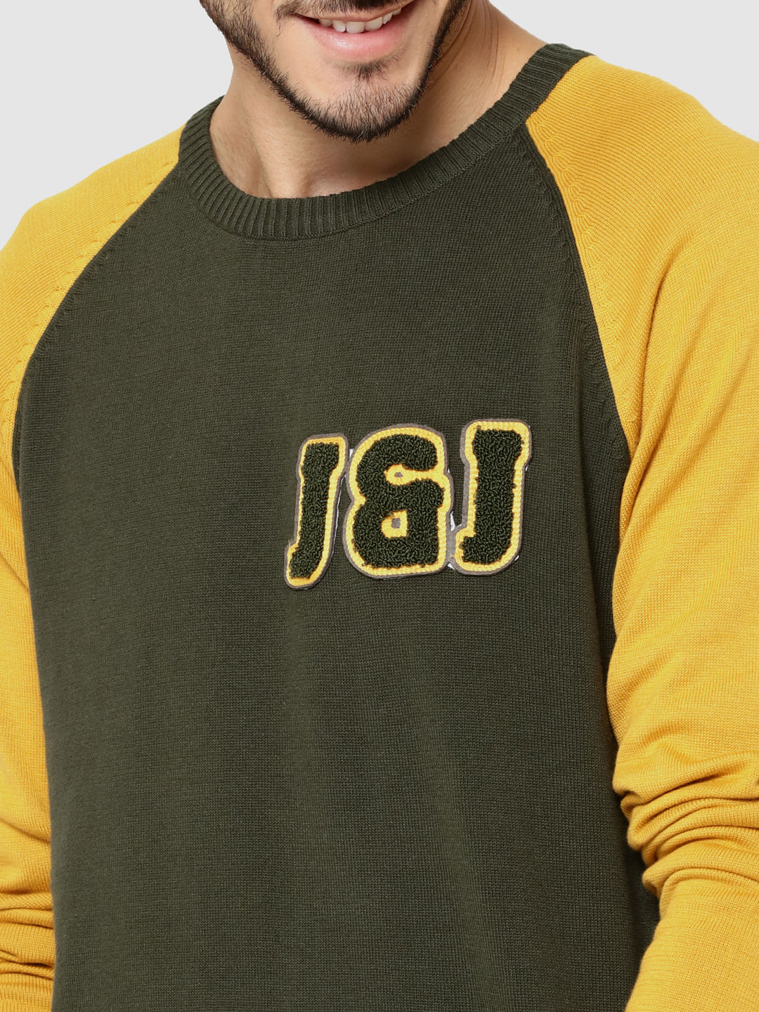 Green Colour Blocked Patch Elbows Full Sleeves Crew Neck T-Shirt