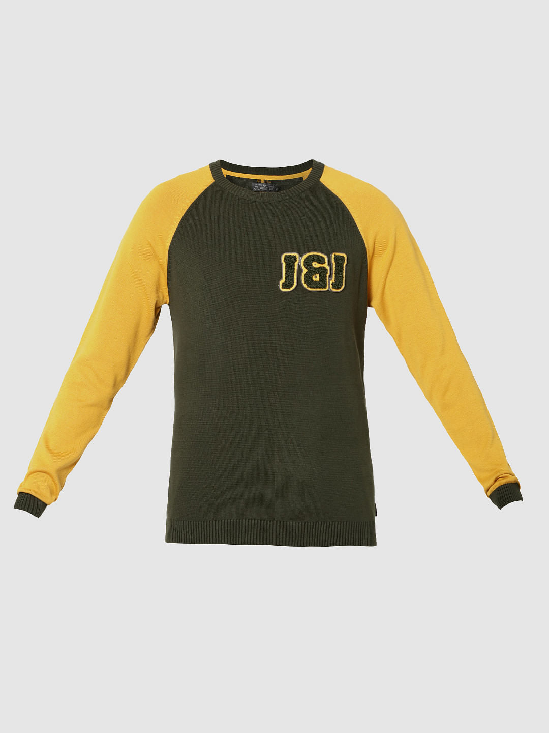 Green Colour Blocked Patch Elbows Full Sleeves Crew Neck T-Shirt