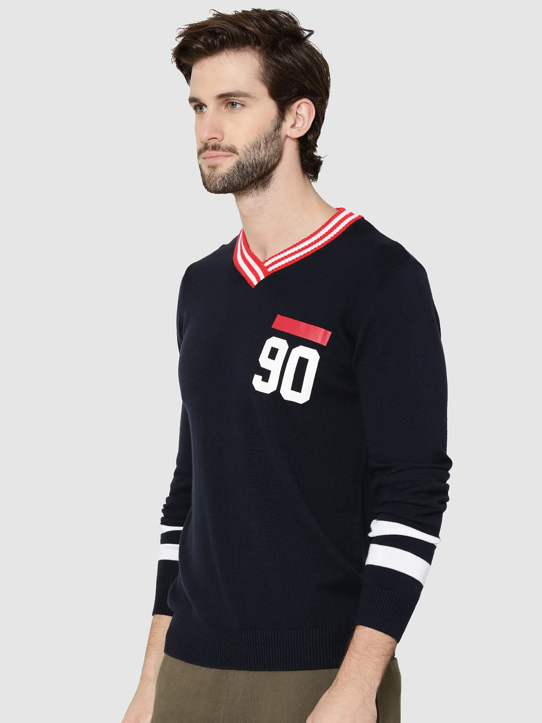 Dark Blue Number Print V-Neck Pullover