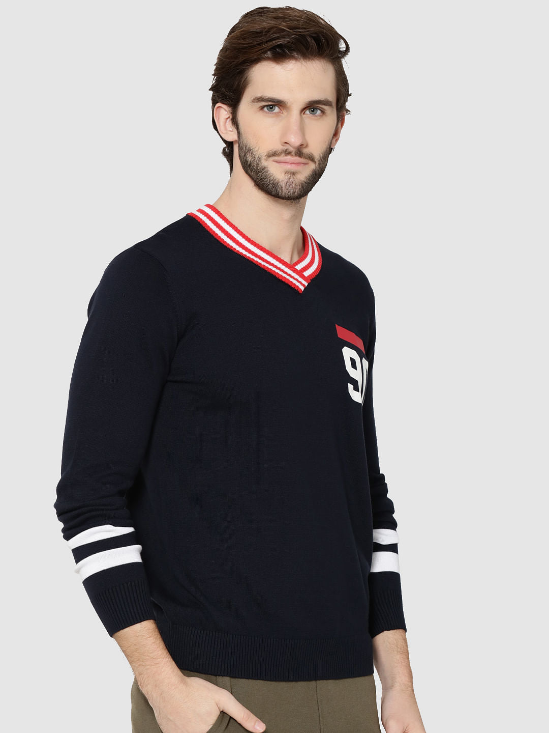 Dark Blue Number Print V-Neck Pullover
